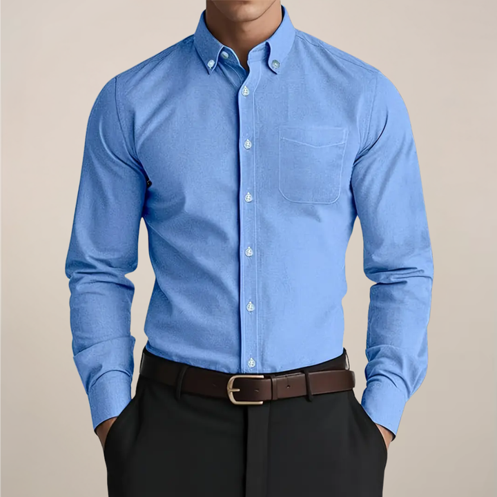 Versatile men's long sleeve button-up shirt for both office and casual occasions. Classic men's fashion.