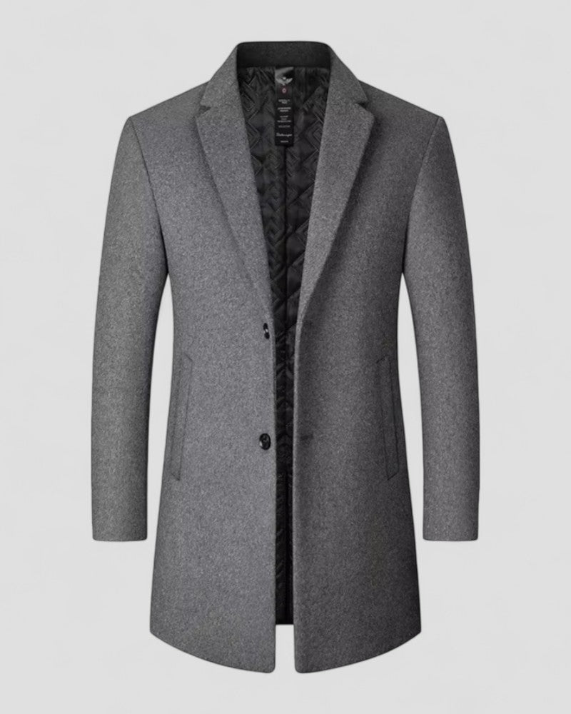 Stylish men's long trench coat, a warm classic winter overcoat for sophisticated outerwear.