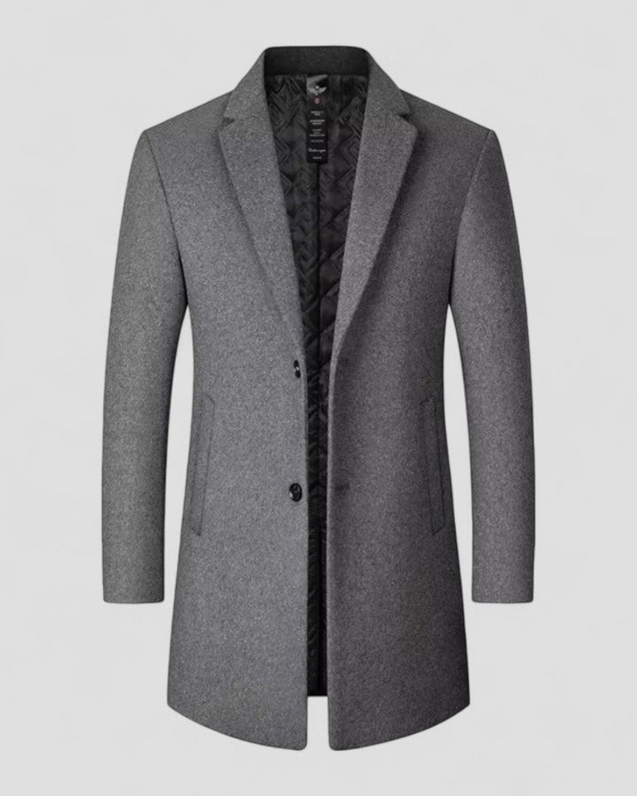 Stylish men's long trench coat, a warm classic winter overcoat for sophisticated outerwear.