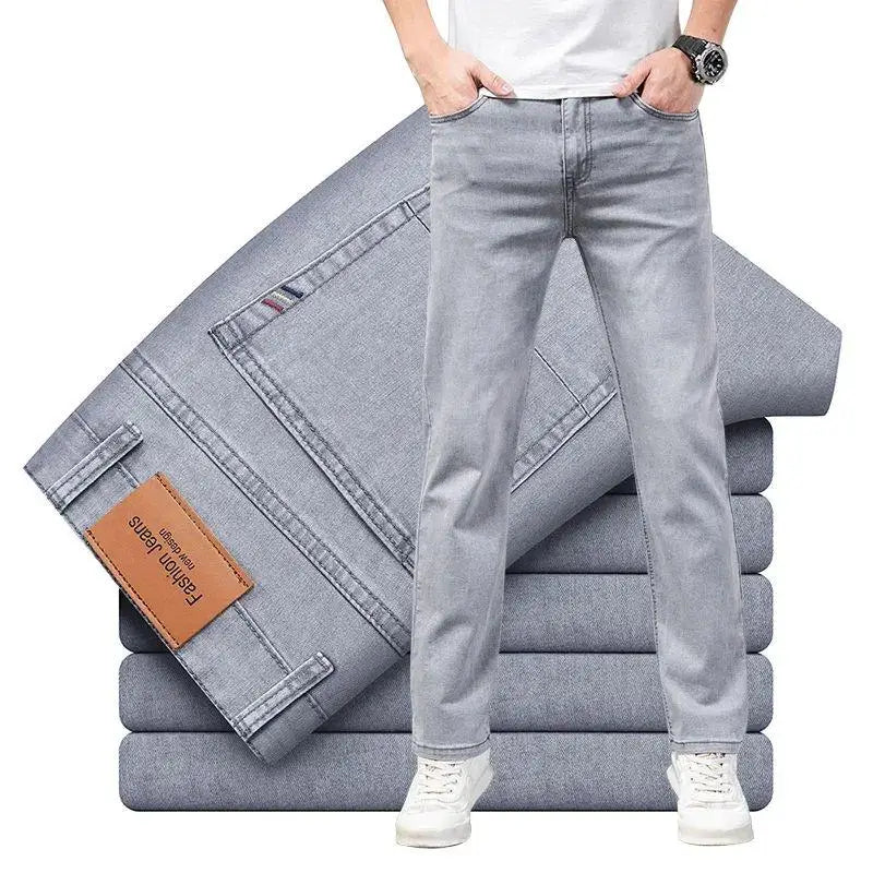 Classic men's straight fit stretch denim jeans in a dark wash, perfect for casual everyday wear and comfort.