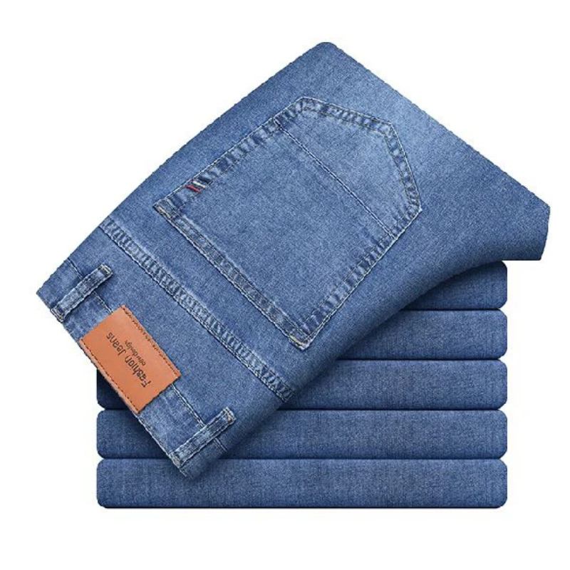 Durable men's straight fit stretch denim jeans, perfect for comfortable wear and versatile styling in modern fashion.