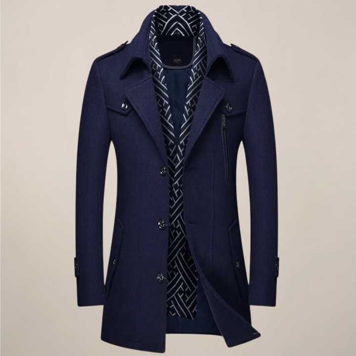 Classic men's tailored winter overcoat, long length. Ideal for formal or smart casual cold weather fashion.