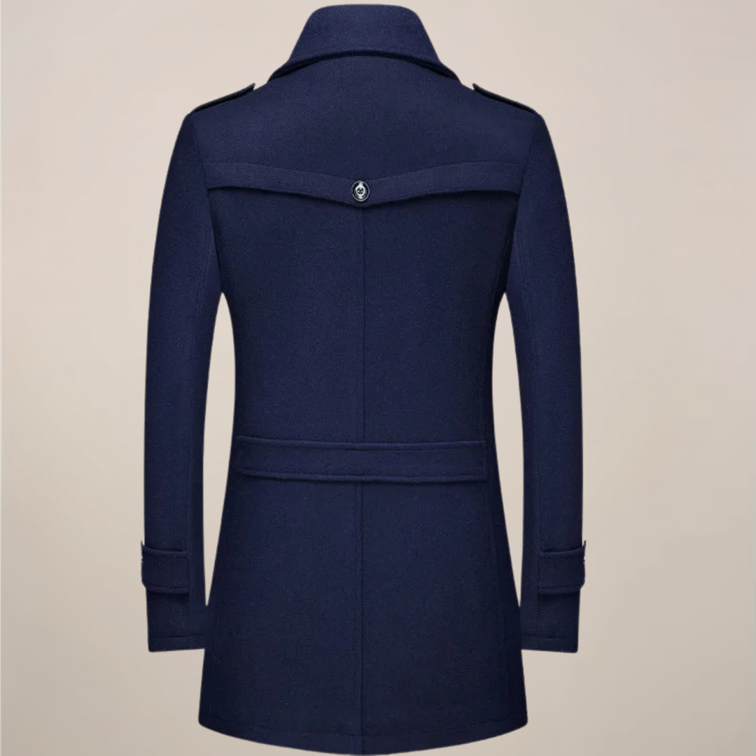 Men's khaki tailored winter overcoat, long button-up trench coat for smart casual and formal wear.