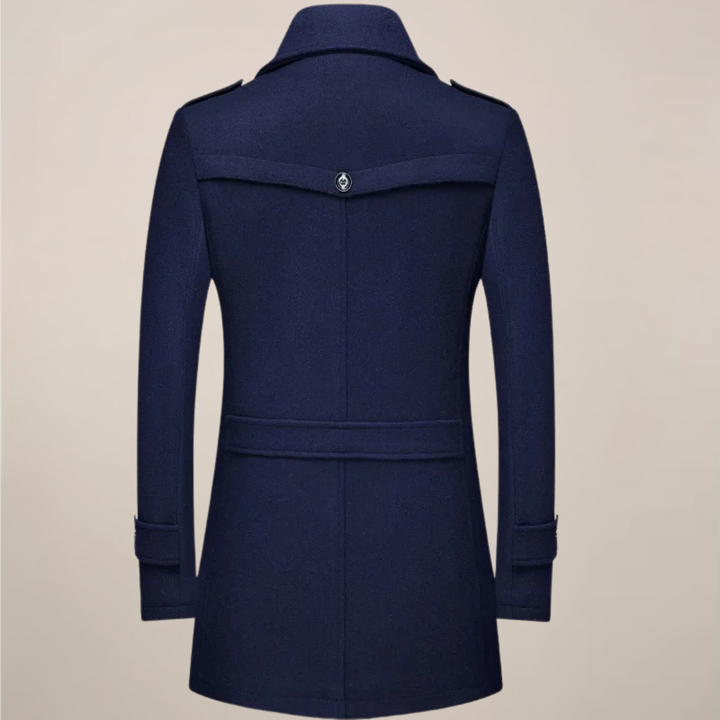 Men's khaki tailored winter overcoat, long button-up trench coat for smart casual and formal wear.