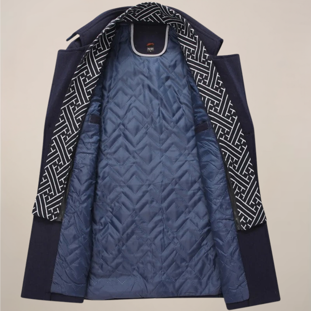Sophisticated dark blue men's tailored winter overcoat, long, perfect for formal & smart casual outerwear.