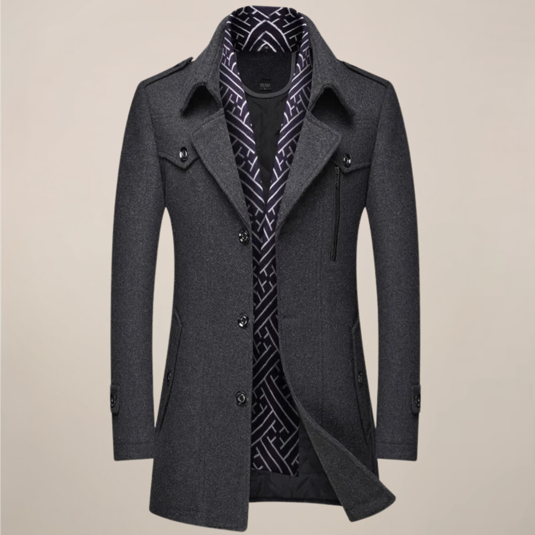 Elegant men's gray tailored long overcoat, a classic button-up trench style for refined men's winter fashion.