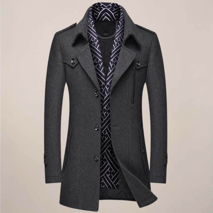 Elegant men's gray tailored long overcoat, a classic button-up trench style for refined men's winter fashion.