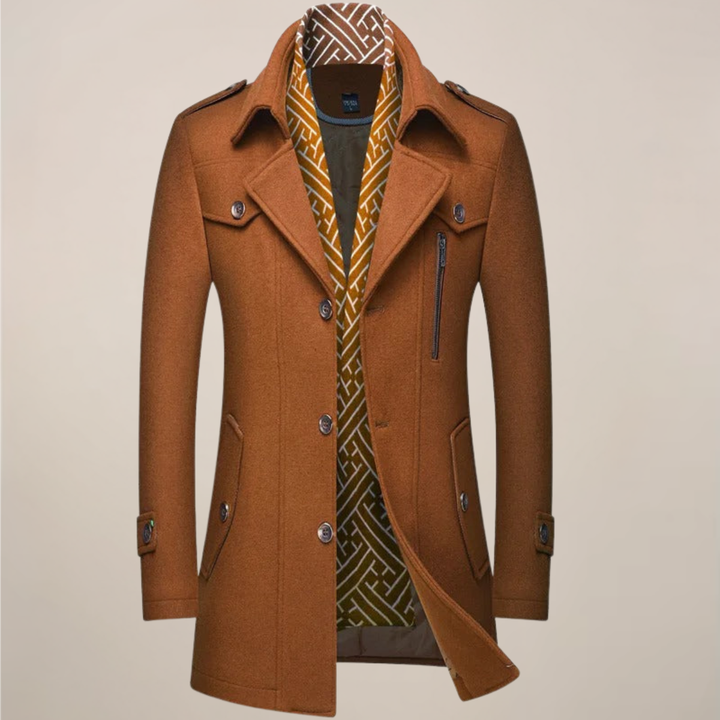 Warm men's tailored winter overcoat, a long classic button-up trench coat for elegant cold weather fashion.