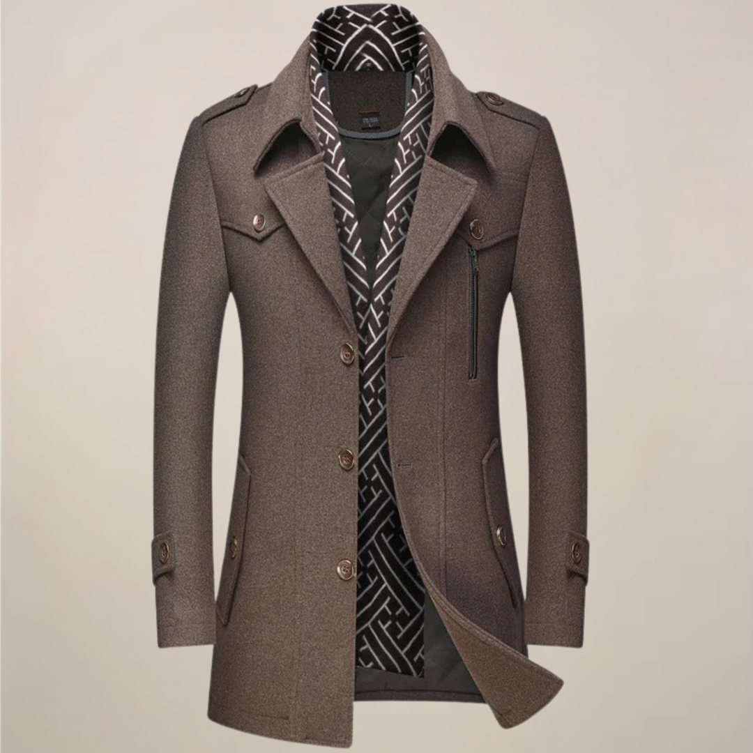 Stylish men's tailored long overcoat in camel, a smart button-up winter trench coat for formal or casual looks.