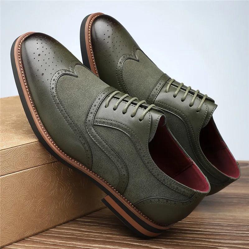 Comfortable men's two-tone brogue oxford dress shoes, combining classic style with all-day wear.
