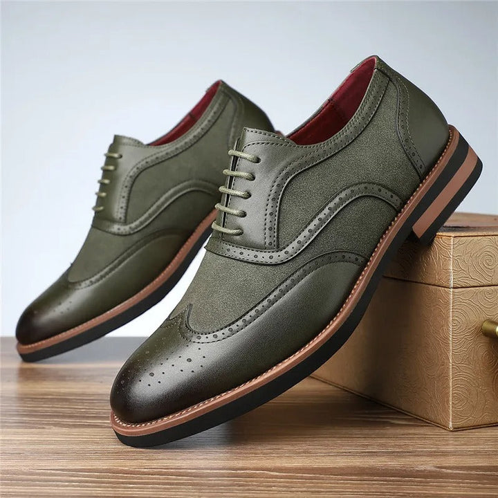 Classic men's two-tone brogue wingtip oxfords, versatile dress & casual shoes for any occasion.