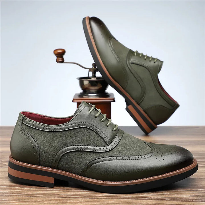 Men's two-tone brogue oxfords, classic dress shoes with stylish perforations and wingtip design.