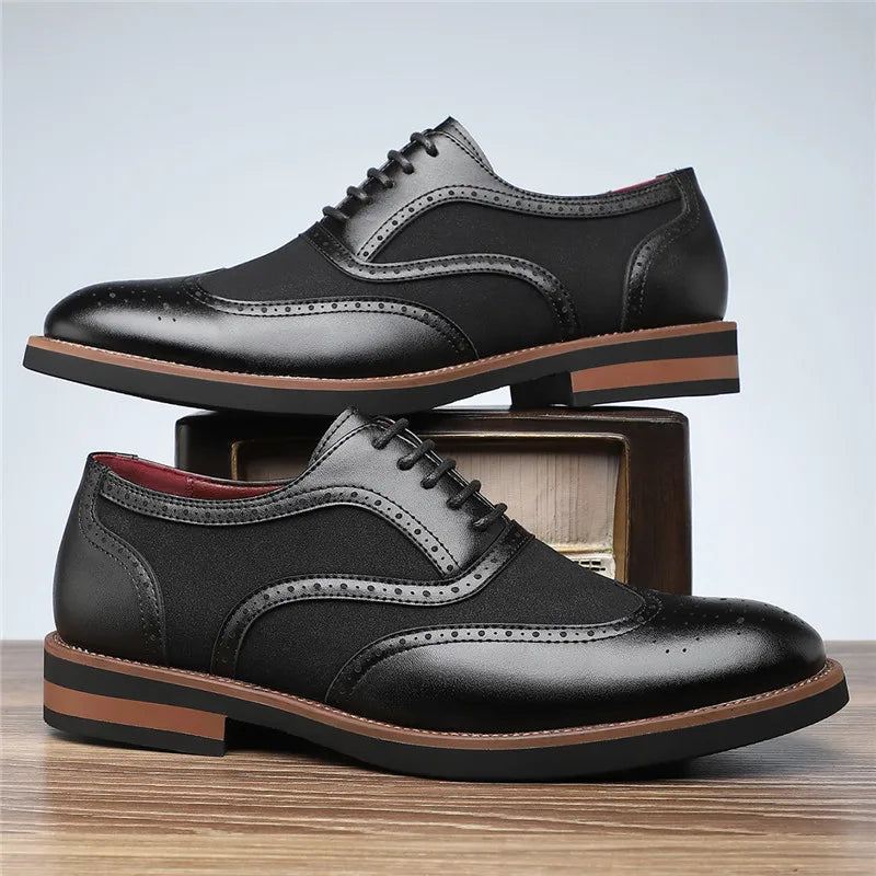 Men's two-tone wingtip brogue oxfords with intricate perforations, perfect for dressy occasions.