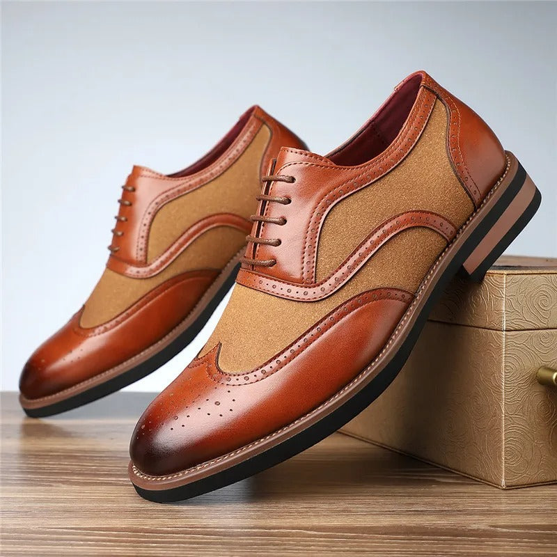 Men's two-tone wingtip brogue oxfords, a classic and stylish choice for dress or casual outfits.