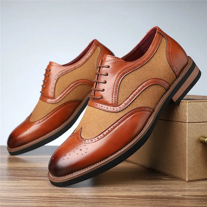 Men's two-tone wingtip brogue oxfords, a classic and stylish choice for dress or casual outfits.