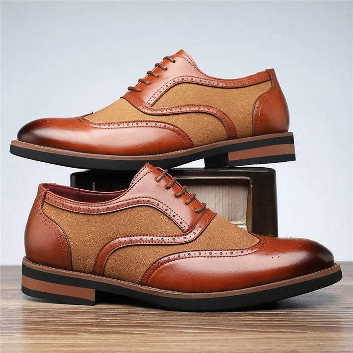 Close-up of men's two-tone leather brogue oxford dress shoes, showcasing quality craftsmanship.
