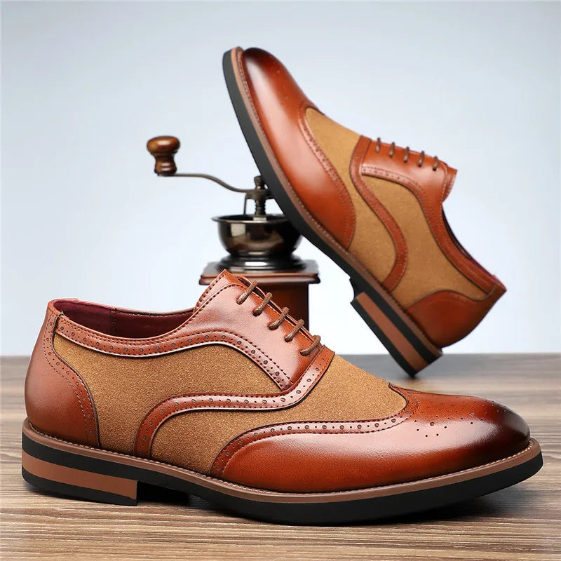 Elegant men's two-tone brogue oxfords with contrasting colors, perfect for a refined style.
