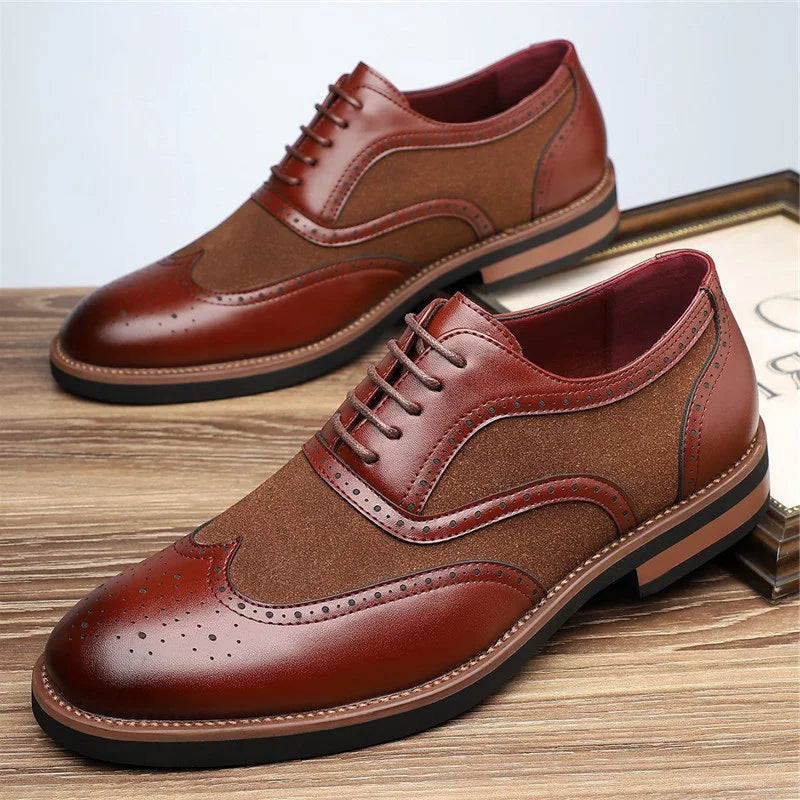 Men's classic two-tone brogue oxford dress shoes, stylish and sophisticated formal footwear.