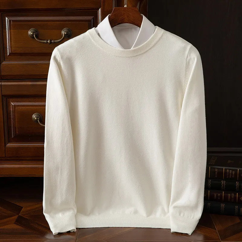 Close-up of men's classic crewneck sweater fabric, highlighting its ultra-soft texture and comfort.