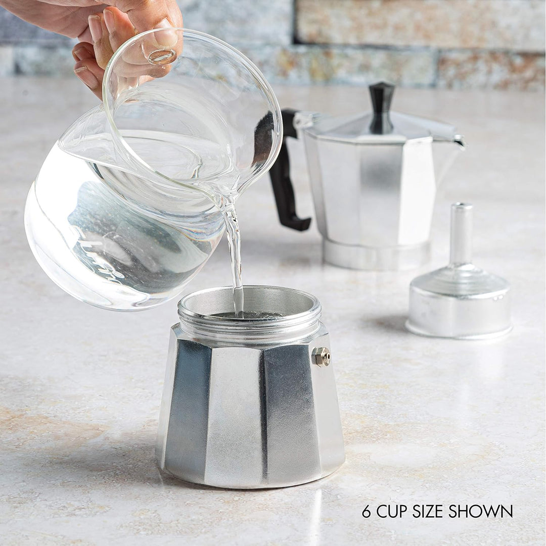 Traditional Moka Pot stovetop espresso maker. Brew authentic Italian & Cuban coffee with this durable kitchenware.