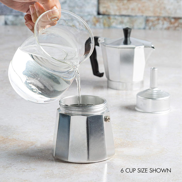 Traditional Moka Pot stovetop espresso maker. Brew authentic Italian & Cuban coffee with this durable kitchenware.