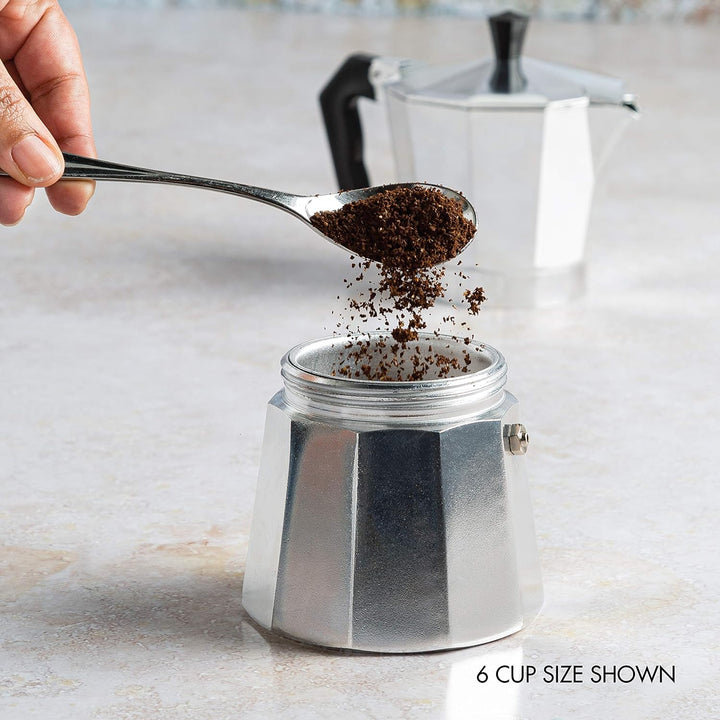 Authentic Moka Pot for brewing strong, rich Italian espresso on your stovetop. Portable coffee maker for home use.