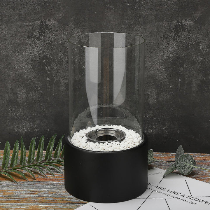 Lumora Open Flame Oil Lamp, a distinguished metal and glass piece, perfect as a decorative table lamp.