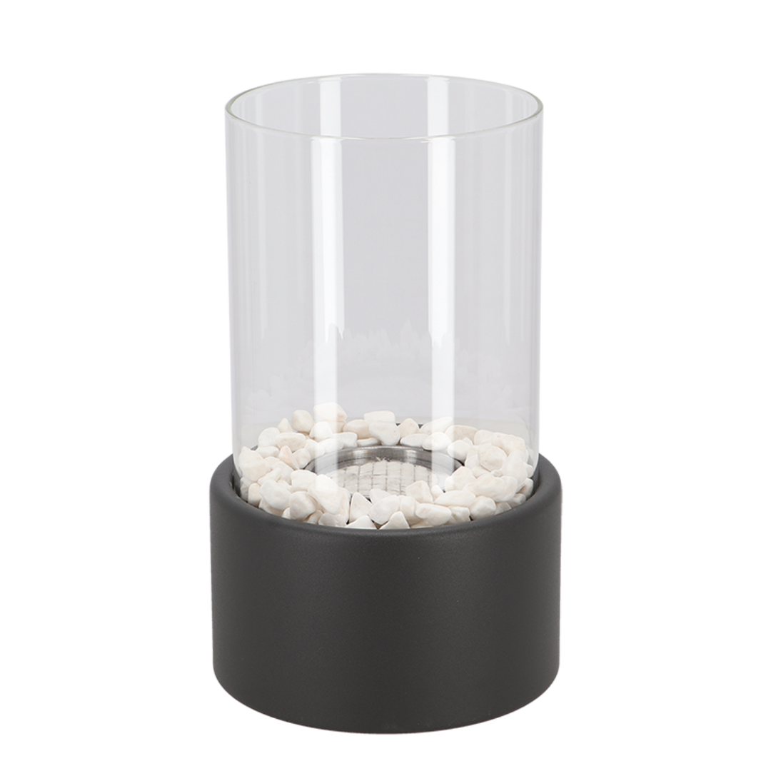 Metal and glass oil lamp, Lumora Classic, with an open flame, offering charming ambient and indoor lighting.