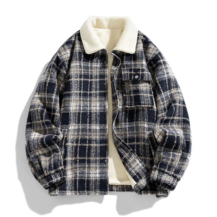 Classic plaid unisex winter jacket, cozy and stylish outerwear for cold weather.