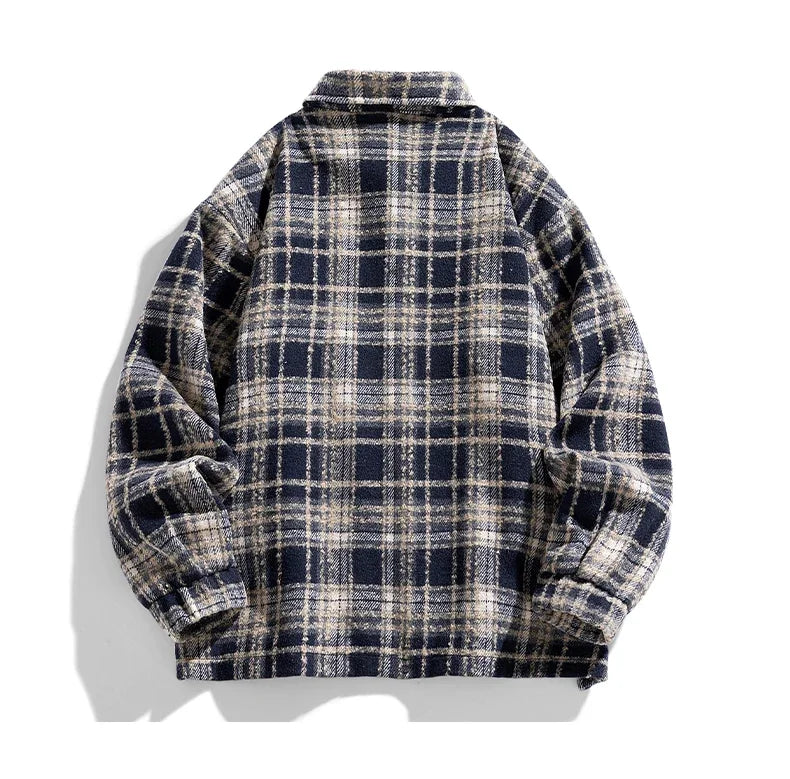 Warm vintage-style plaid winter jacket, perfect for cold weather layering comfort.