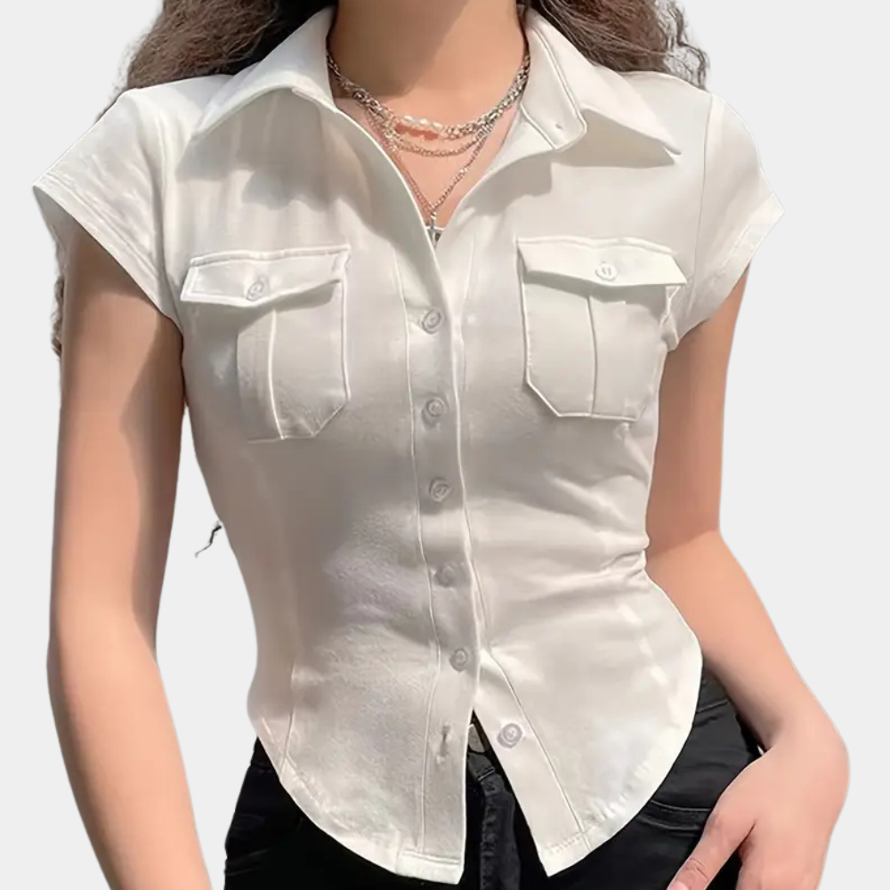 Classic white button-up blouse for women, versatile for workwear or casual chic fashion.