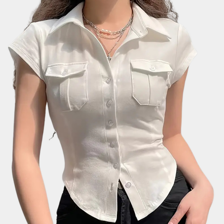 Classic white button-up blouse for women, versatile for workwear or casual chic fashion.