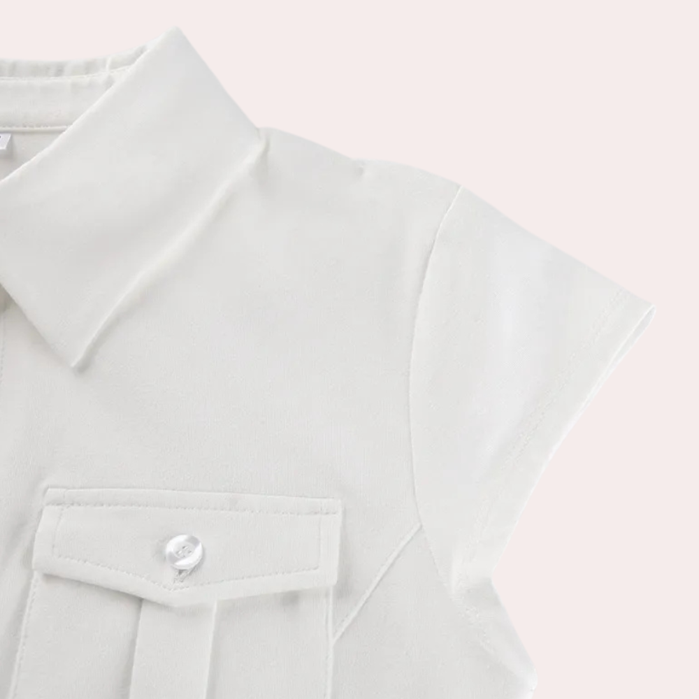 Women's crisp white button-up blouse, a classic long sleeve top easily styled for elegant or casual looks.