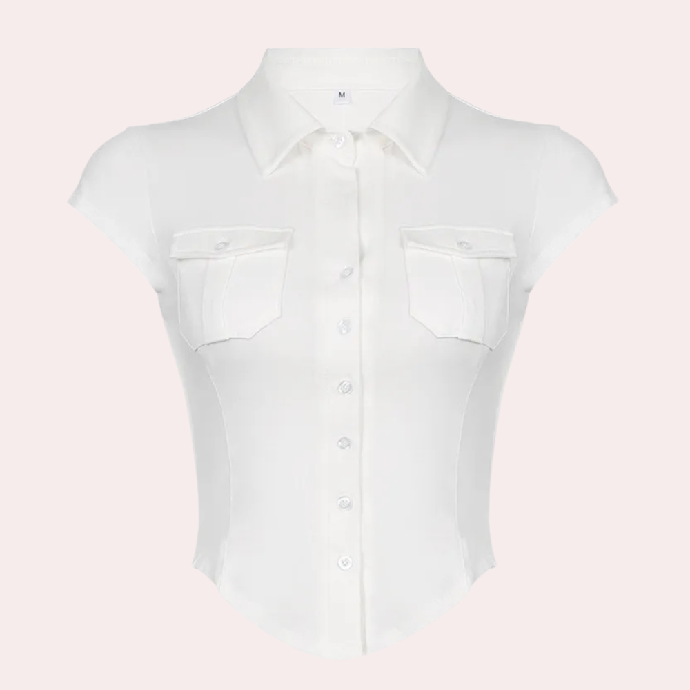 Nova women's white button-up blouse, a classic long sleeve shirt offering versatile and elegant style.