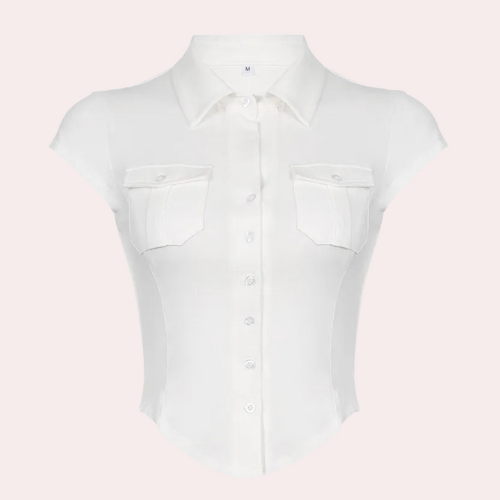 Nova women's white button-up blouse, a classic long sleeve shirt offering versatile and elegant style.