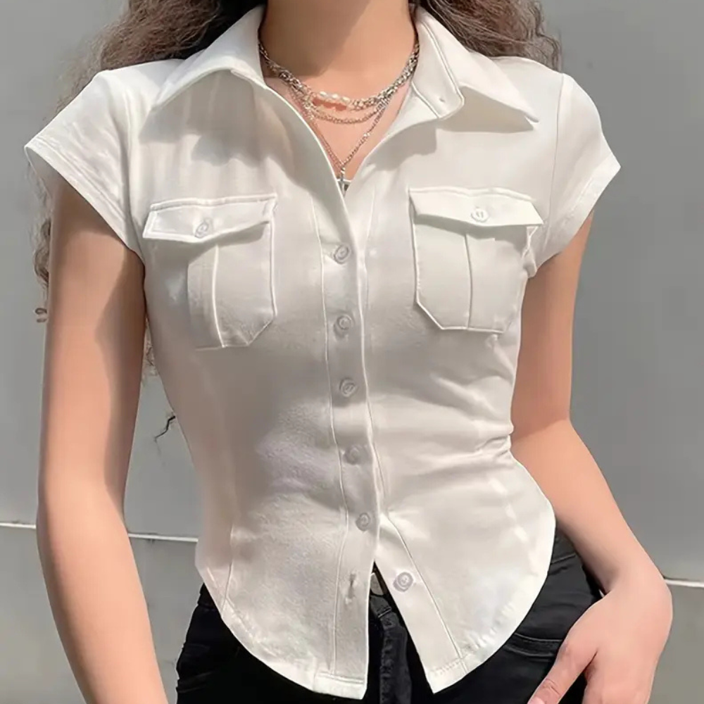 White long sleeve button-up blouse for women, a classic and versatile top perfect for any elegant or casual outfit.