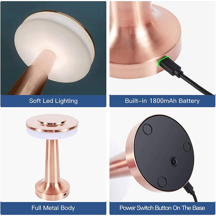 Rechargeable LED table lamp with USB charging, offering dimmable light for a cozy night light experience.