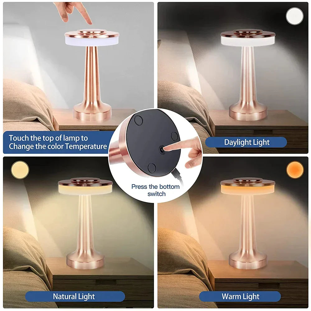 Elegant wireless LED table lamp, dimmable and rechargeable, enhances any room with soft, adjustable light.
