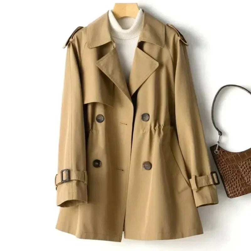 Elegant ladies trench coat with belt, double-breasted design. Perfect long jacket for office wear & stylish outerwear.