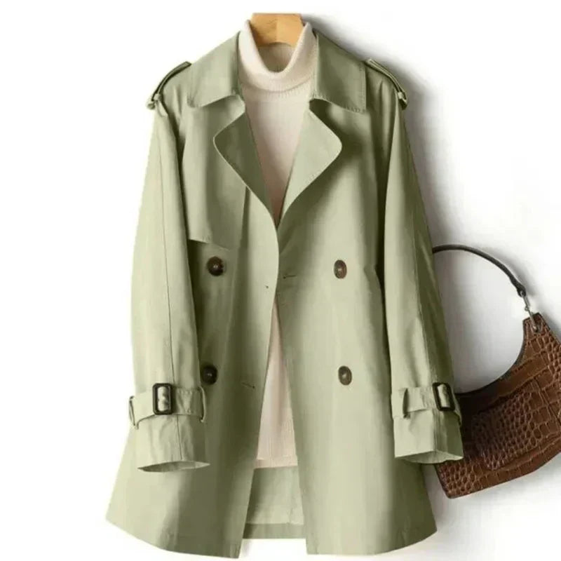 Versatile women's trench coat, double-breasted, perfect for professional attire, fall fashion, & spring outerwear.