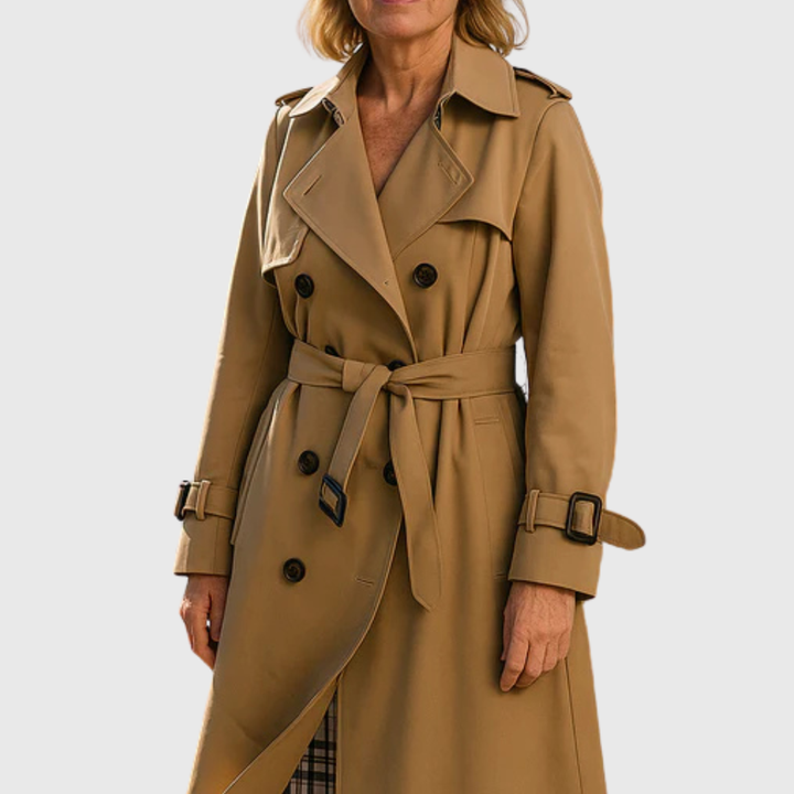 Classic women's belted double-breasted water-resistant trench coat for elegant fall & spring outerwear.