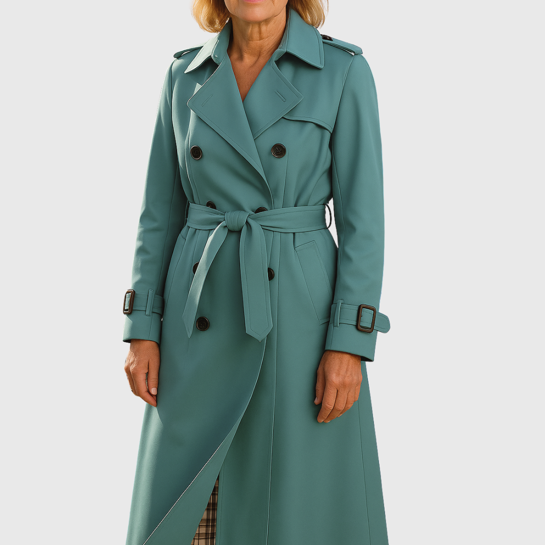 Sophisticated women's long trench coat with a belted waist, double-breasted & water-resistant for style.