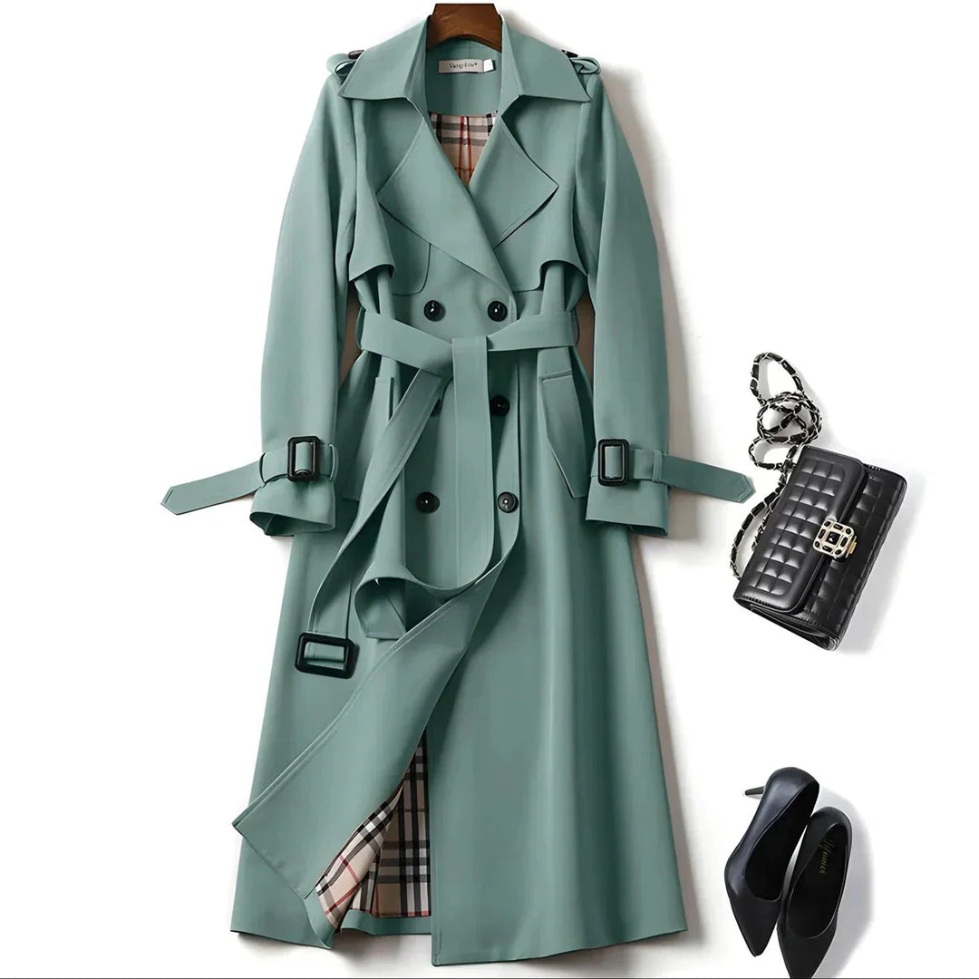 Women's classic outerwear: belted double-breasted water-resistant trench coat, perfect for elegant style.
