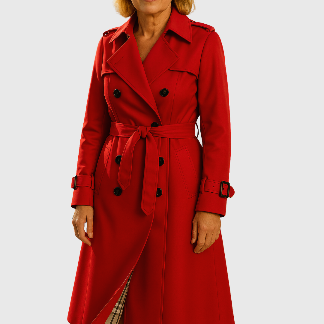 Chic women's water-resistant trench coat, double-breasted with a stylish belt, ideal for fall/spring.