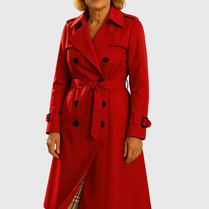 Chic women's water-resistant trench coat, double-breasted with a stylish belt, ideal for fall/spring.