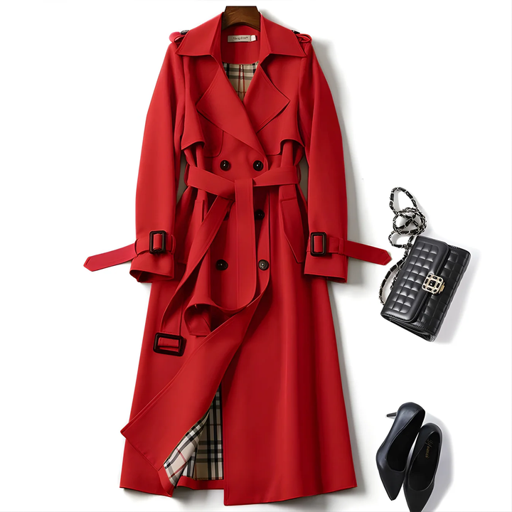 Versatile women's belted trench coat, double-breasted & water-resistant, a timeless piece for any wardrobe.
