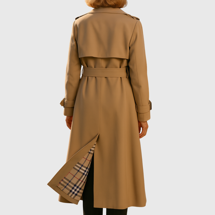 Stylish women's long trench coat with belt & double-breasted design, perfect water-resistant fall jacket.