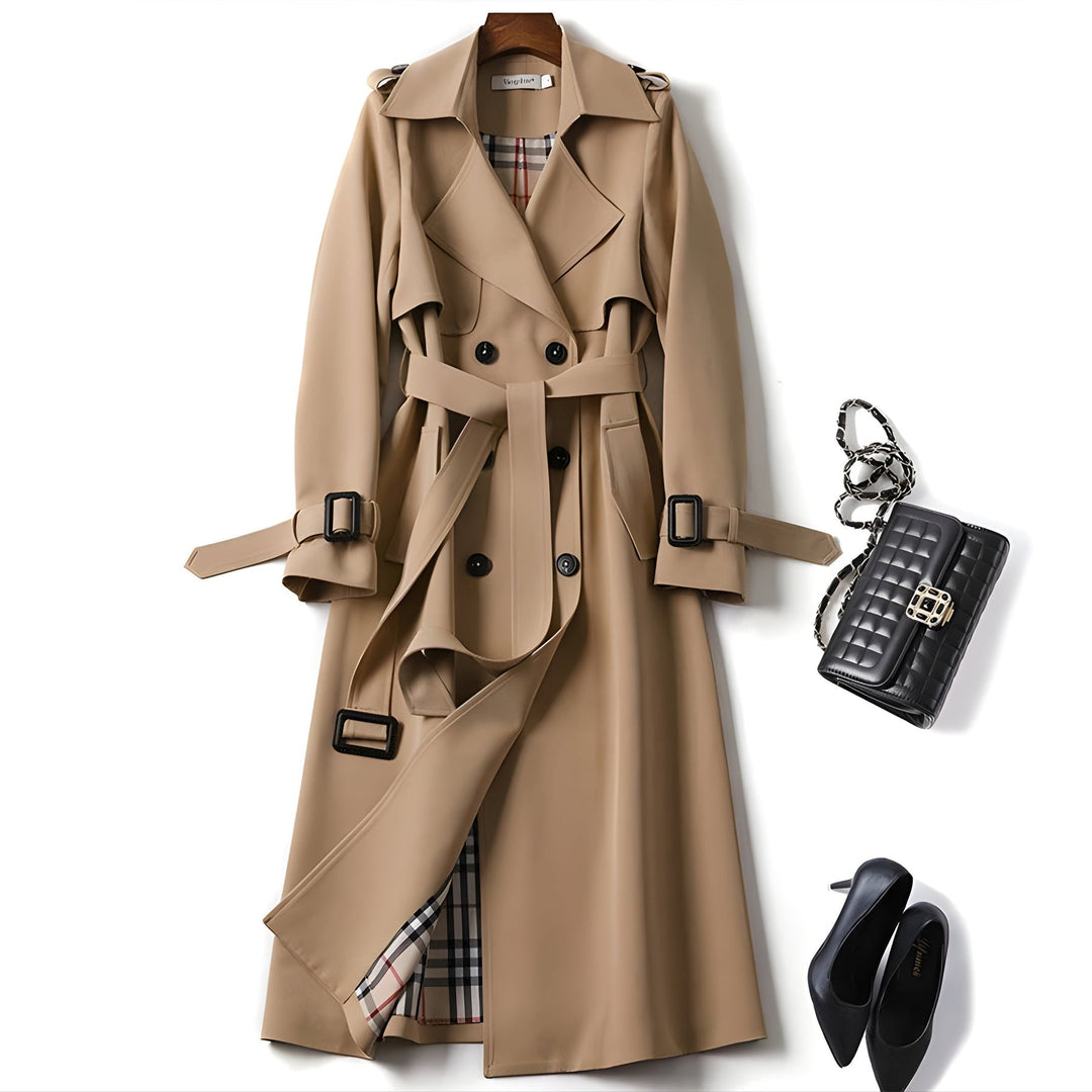 Chic women's trench coat, double-breasted & belted, ideal water-resistant outerwear for versatile everyday wear.