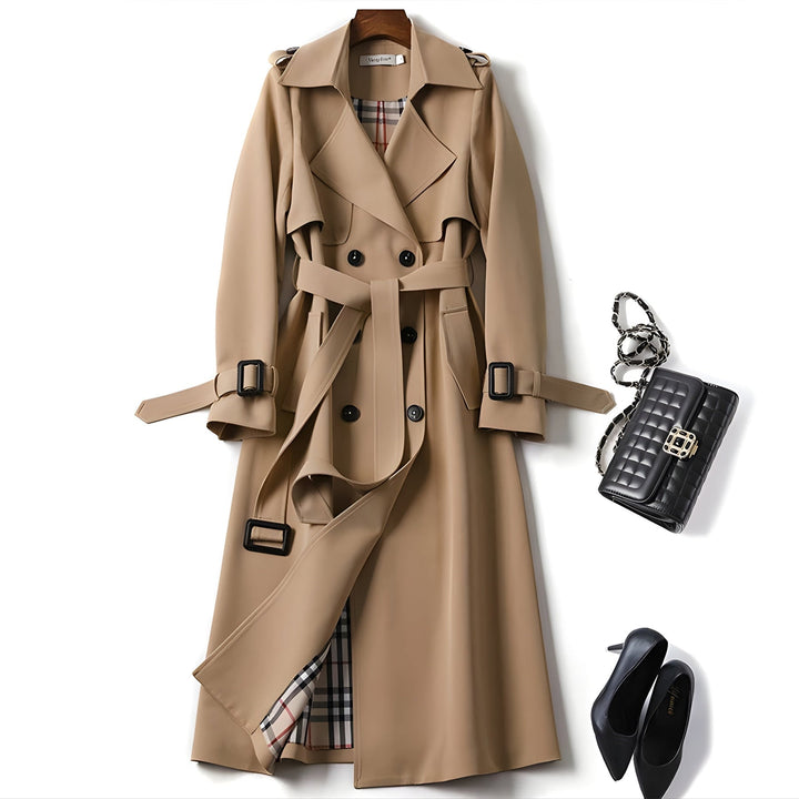 Chic women's trench coat, double-breasted & belted, ideal water-resistant outerwear for versatile everyday wear.