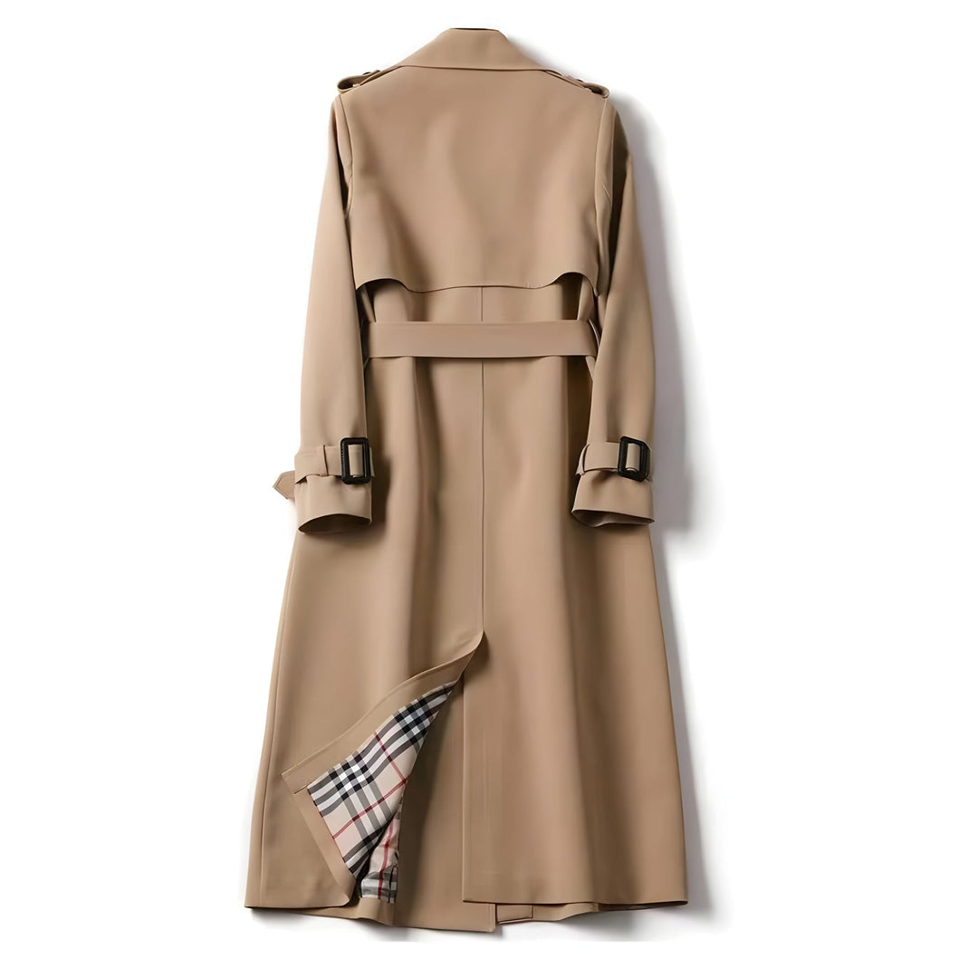 Elegant women's water-resistant trench coat featuring a belted waist and classic double-breasted front.